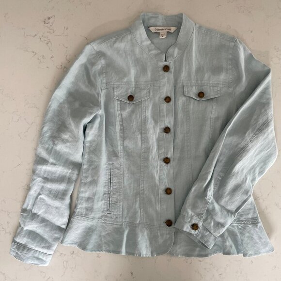 Coldwater Creek 100% Linen Button Down Jacket w Peplum Hem Powder Blue Sz S - Picture 9 of 9